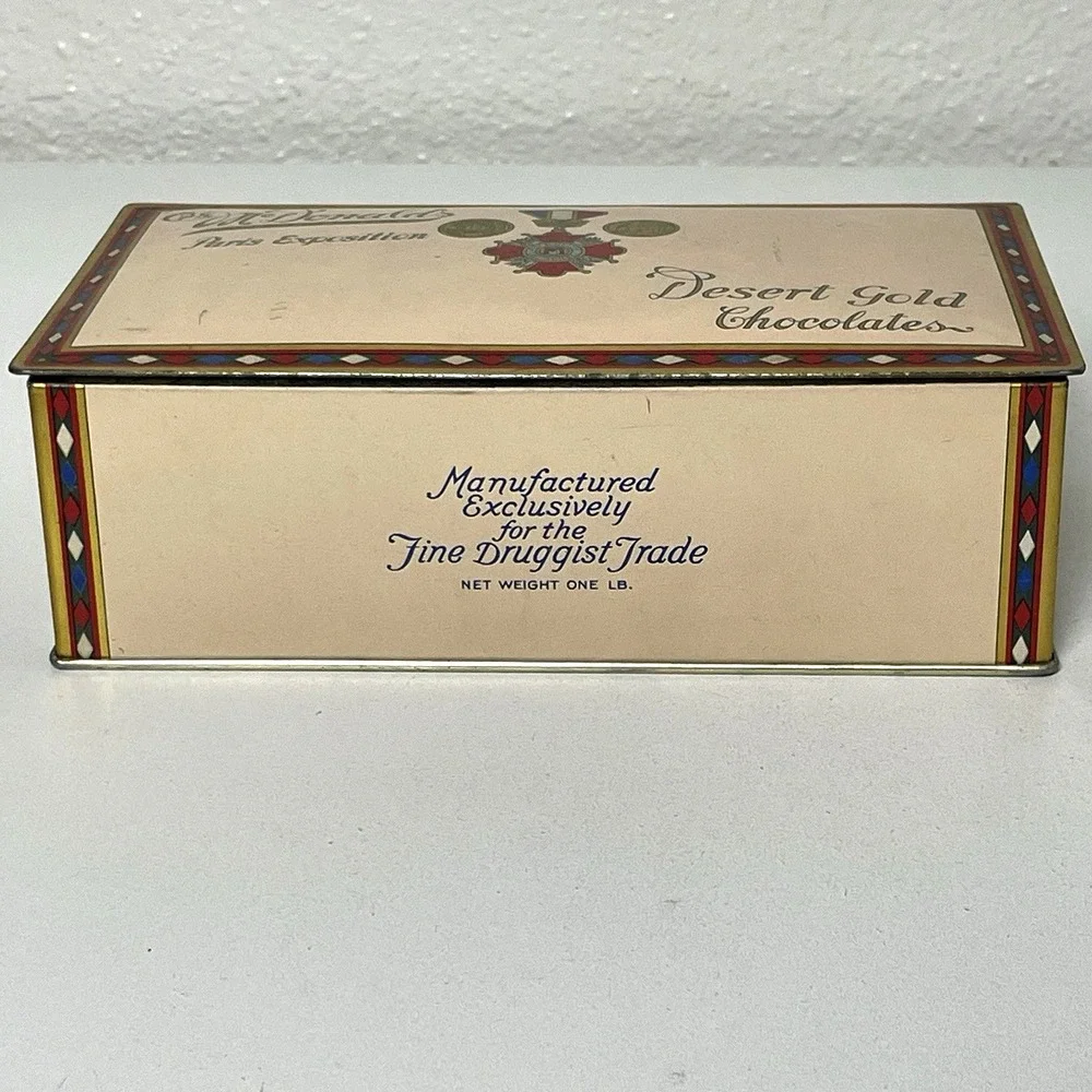 Vintage Chocolate Tin Box Hinged Lid J G McDonald's Paris Exposition Desert Gold